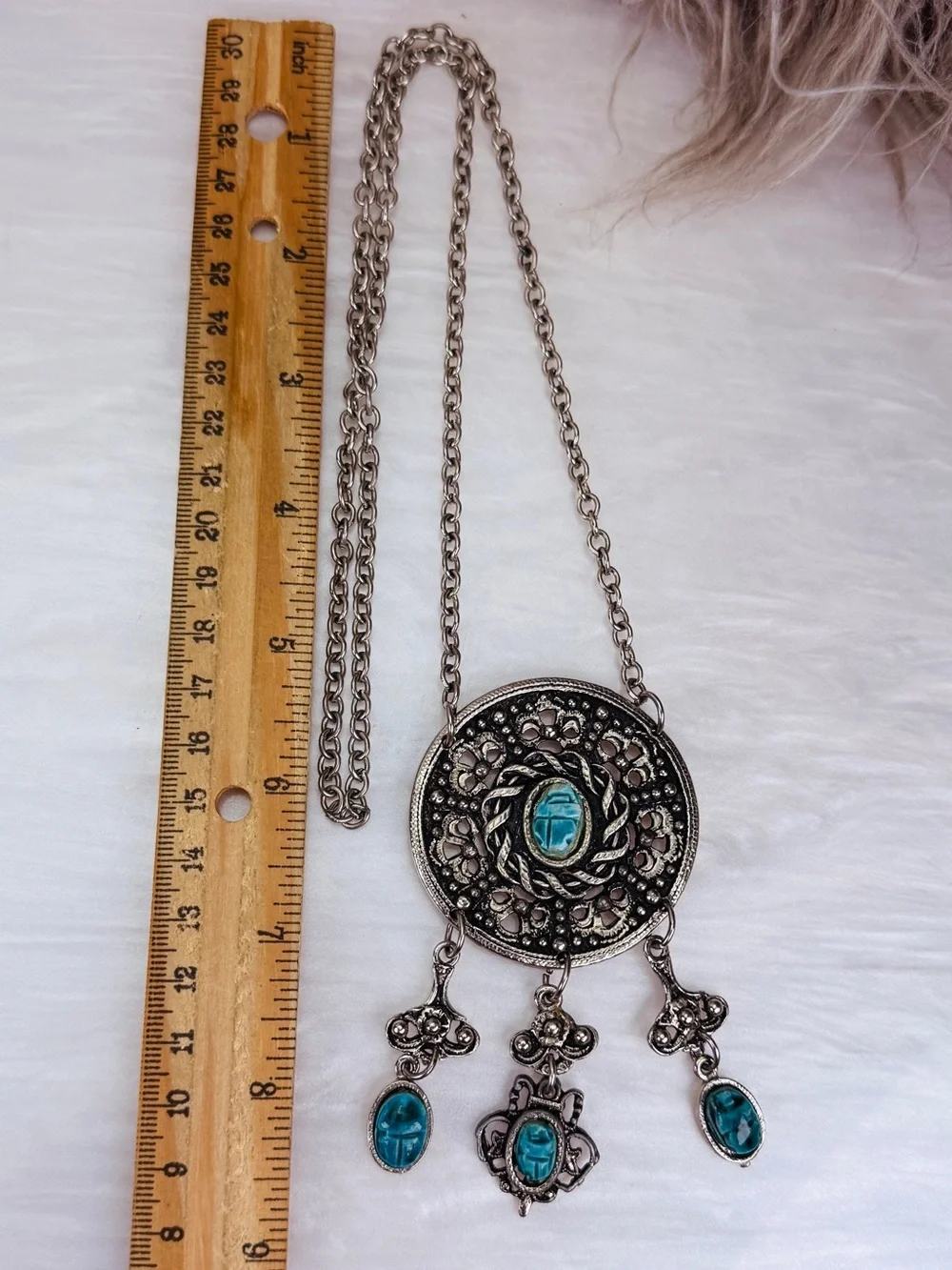Egyptian Revival Scarab Medallion Necklace Blue Cabochon Dangles Silver Tone